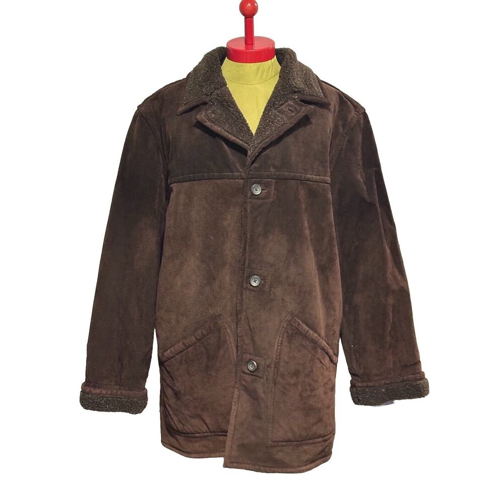 Vintage 90s Fieldmaster Suede Leather Brown Coat Jacket Faux Sherpa Lining M